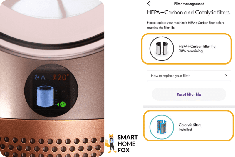 Der Filterstatus wird auf dem Dyson Purifier Hot+Cool Formaldehyde HP09 Display angezeigt und die restliche Lebensdauer in Prozent in der MyDyson App.